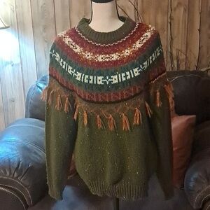 IVY VTG Knit Boho Pom Pom Fair Isle Sweater M Women Crewneck Fringe